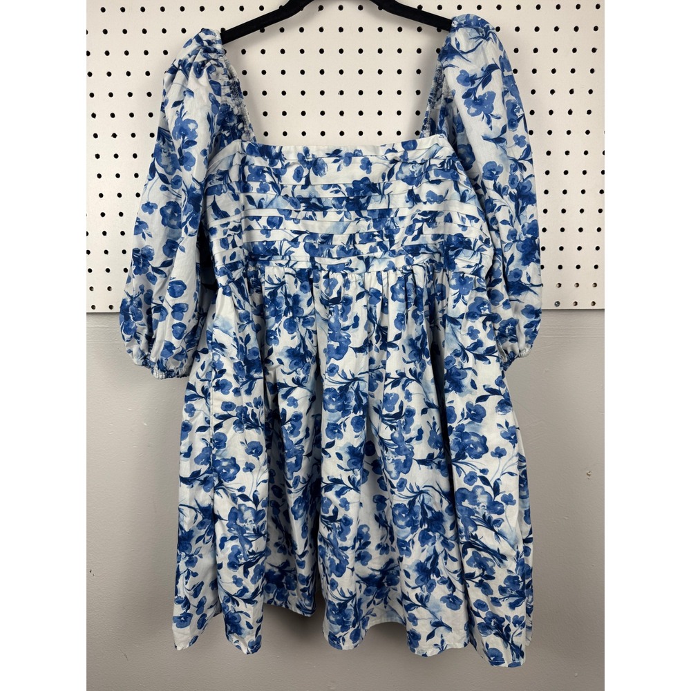 Abercrombie & Fitch Blue White Floral Toile Puff Sleeve Smocked Mini Dress Large